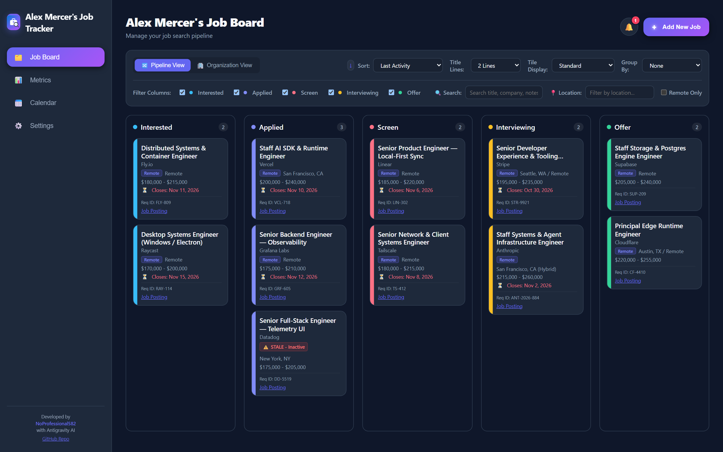 Job Tracker Kanban board showing active applications across stages