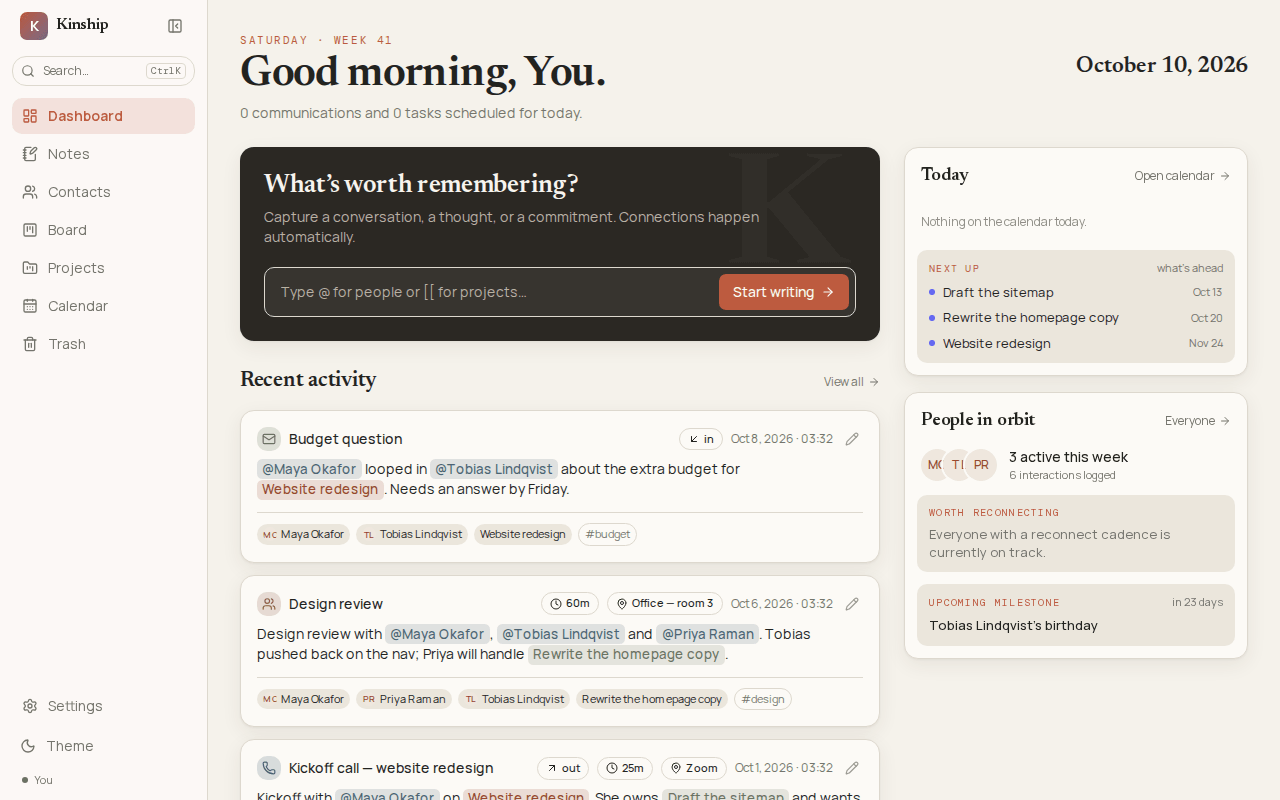 Kinship Today View: tasks due, people to follow up with, and recent notes