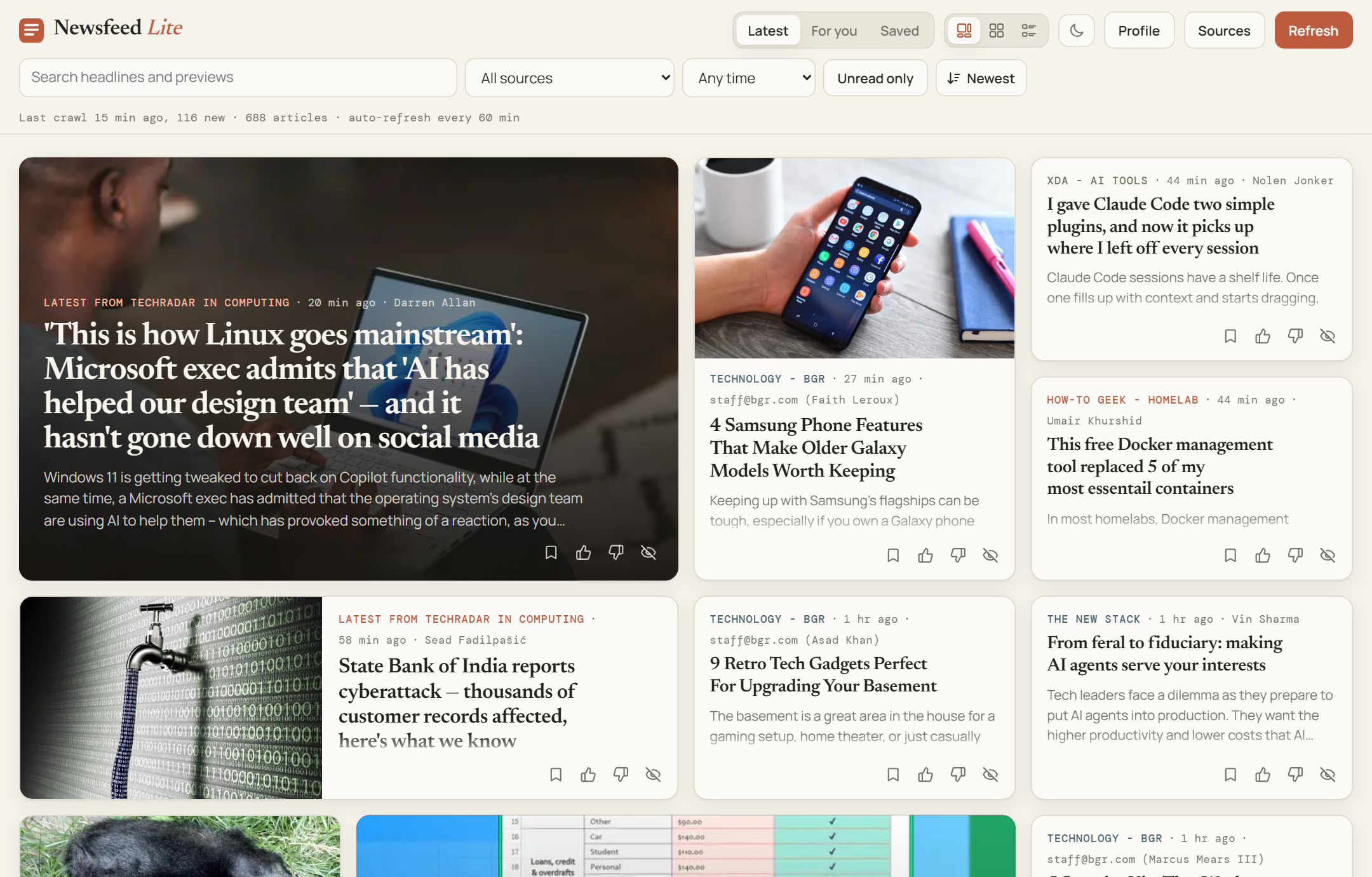Newsfeed Lite Latest feed in warm paper Bento layout
